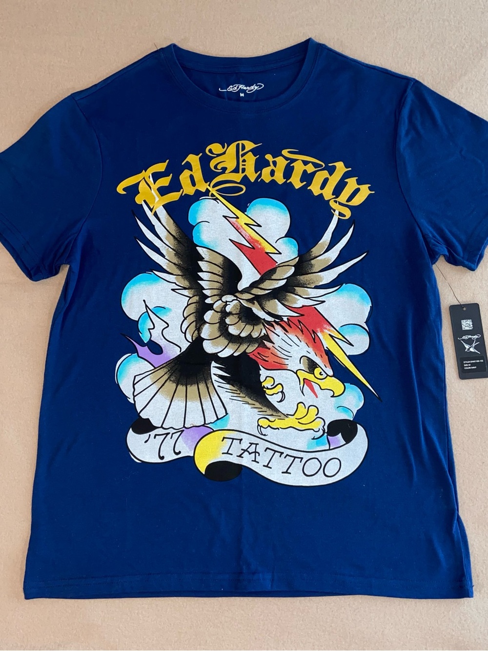 Ed Hardy Navy Blue Short-Sleeve Tattoo Eagle Tee with Yellow Logo
